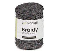 Cordón para bolsas de ganchillo, cordón suave de algodón reciclado para cestas, cordón para macramé sin flecos grosor 2 mm, 250 g, 250 metros, Loop'NCRAFT BRAIDY (gris y lúrex multicolor)