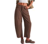 Corduroy Trousers Women, Women's Corduroy Baggy Pants, Vintage Barrel Mid-Rise Elasticated Pants, Casual Wide Leg Cropped Pants (Brown,S)