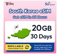 Corea del Sur eSIM | 20 GB | 30 días | Plan Recargable | Velocidad 5G | Hotspot | Solo Datos. El código QR será enviado en 24 Horas; escanea para activar. No Incluye número de teléfono.