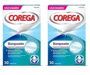 Corega Blanqueador Tabletas Limpiadoras Para Prótesis Dentales, Elimina las Manchas, Uso Diario, 30 Tabletas (Paquete de 2)