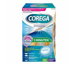 Corega Pastillas de 3 minutos para dentaduras completas y parciales, retenedores y alineadores, guías de protección bucal y otros aparatos extraíbles, 1 x 66 unidades.