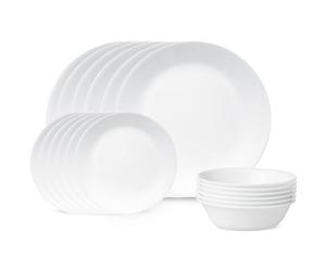 Corelle - Juego de vajilla de 18 Piezas, de Vidrio Vitrelle Resistente a Las roturas y Las desportilladuras, Modelo Winter Frost Blanco, Servicio para 6 Personas.