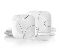 Corelle Juego de vajilla de 18 piezas, líneas simples, blanco y negro para 6, vajilla resistente a las astillas, incluye platos cuadrados de 26 cm, platos cuadrados de ensalada de 17 cm y cuencos