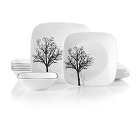 Corelle Juego de vajilla de 18 piezas, sombras de madera, blanco y negro para 6, vajilla resistente a las astillas, incluye platos cuadrados de 26 cm, platos cuadrados de ensalada de 17 cm y cuencos