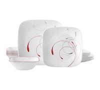 Corelle Juego de vajilla de 18 piezas, Splendor, servicio rojo y blanco para 6, vajilla resistente a las astillas, incluye platos cuadrados de 26 cm, platos cuadrados de ensalada/acompañamiento de 17