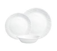 Corelle Juego de vajilla (juego de 12 piezas, tejido de lino) - El juego de vajilla para 4 incluye 4: platos llanos, platos laterales y cuencos 3 veces más duraderos, la mitad del espacio y el peso de