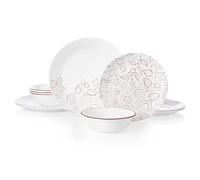 Corelle Leaf Stitch - Vajilla para 4 personas, 12 piezas, color rojo