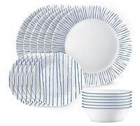 Corelle Vitrelle - Juego de vajilla de 18 piezas, servicio para 6, platos y cuencos redondos ligeros, vidrio de triple capa, resistente a astillas, apto para microondas y lavavajillas, rayas náuticas,
