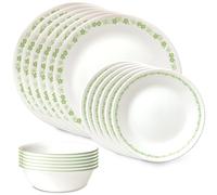 Corelle Vitrelle - Juego de vajilla de vidrio de 18 piezas, servicio para 6, juego de platos y cuencos de vidrio de triple capa resistentes a astillas y grietas, verde flor de primavera