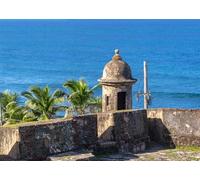 CORFOTO 1.5x1.2m Tela Torre de Fuerte Colonial Palmeras mar Caribe Cielo Azul Decor Arquitectura histórica Tropical Fondo fotográfico para Viaje Photo Booth