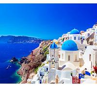 CORFOTO 10x8ft Fondo de fotografía de Tela de Grecia Isla de Santorini Fondo de Pueblo de Oia Fondo de fotografía de Grecia para Fiesta temática de Grecia Banner Decoración de cumpleaños de