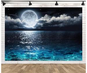 CORFOTO 12x8ft Fondo de fotografía de mar y Luna de Noche de Estrellas, Fondo de fotografía de océano Azul, Fondo de Nebulosa, Luna Llena sobre el mar, fotomatón de cumpleaños, Boda