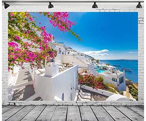 CORFOTO 12x8ft Fondo de tela azul mar Santorini isla Grecia arquitectura blanca Oia Luxury Resort fotografía fondo para decoraciones de fiesta Mamma Mia fiesta de cumpleaños griega