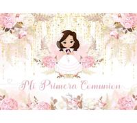 CORFOTO 2.1x1.5m Mi Primera Comunión Telón de Fondo con Diseño Boho Rosa Flor para Niña - Fondo Bautizo Fiesta Decoración Banner Suministros