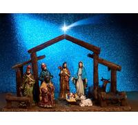 CORFOTO 2.1x1.5m Tela belén Completo Tres Reyes Magos María José Jesús Fondo Azul Purpurina Navidad Cristiano Fondo fotográfico Retrato