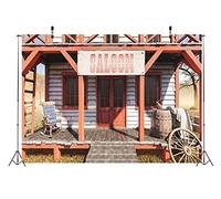 CORFOTO 3.6x3m Tela Porche Saloon Retro con Cartel Barril y Rueda Carro Fondo para Fiesta y Cosplay Viejo Oeste Fondo fotográfico