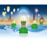 CORFOTO 3x2m Fondo de Tela para el Festival de Loy Krathong con Krathongs flotantes, linternas del Cielo, diseño de Templo tailandés, Festival del Agua, fotomatón