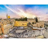 CORFOTO 3x2m Telón de Fondo con el Muro Occidental de Jerusalén Cúpula de la Roca Atardecer Cielo Plaza abarrotada Patrón Tema Tierra Santa Fondo para Eventos religiosos y fotomatones