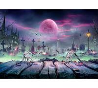 CORFOTO 4.5x3m Fondo de Halloween Zombie Ascendiendo sobre Mesa de Madera Noches Espeluznantes con Luna de Sangre Fondo de Fotografía Cielo Púrpura Luna Decoración de Fiesta de Halloween