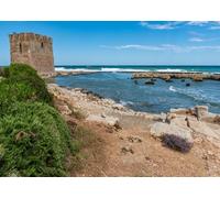 CORFOTO 4.6x3m Tela Torre de Piedra Costera ruinas Antiguas mar Turquesa Cielo Azul Costa rocosa Decor Paisaje mediterráneo Fondo fotográfico para Viaje Photo Booth