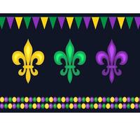 CORFOTO 5.2x3m Fondo para Fiesta de Carnaval Veneciano, Mardi Gras, Amarillo, Verde y Morado, símbolo de Flor de lis, Lirios, Bandera, máscara, decoración para Fiesta, Pancarta, fotomatón