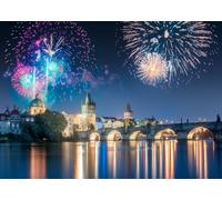 CORFOTO 6x3m Paisaje con Fuegos Artificiales del Puente de Carlos, telón de Fondo para la celebración de Año Nuevo, decoración para Fiestas navideñas Familiares, Pancarta para fotomatón