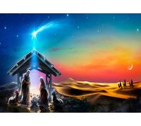 CORFOTO 6x3m Tela belén Desierto Sagrada Familia Reyes Magos Camellos Atardecer Colorido Cielo Estrellado Fondo Escena Navidad bíblica Fondo fotográfico Retrato
