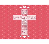 CORFOTO 6x3m Telón de Fondo para Fiesta católica con Cruz Cristiana, diseño de Arte con Palabras de fe y Amor con Fondo de Lunares Rosas, Cabina de Fotos para Eventos de Iglesia