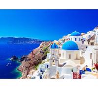 CORFOTO 7x5ft Fondo de fotografía de Tela de Grecia Isla de Santorini Fondo de Pueblo de Oia Fondo de fotografía de Grecia para Fiesta temática de Grecia Banner Decoración de cumpleaños de