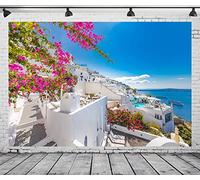 CORFOTO 7x5ft Fondo de Tela Azul mar Santorini Isla Grecia Arquitectura Blanca Oia Luxury Resort fotografía Fondo para Decoraciones de Fiesta Mamma MIA Fiesta de cumpleaños Griega