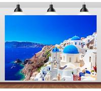 CORFOTO 8x6ft Fondo de fotografía de tela de Grecia Isla de Santorini Fondo de pueblo de Oia Fondo de fotografía de Grecia para fiesta temática de Grecia Banner Decoración de cumpleaños de