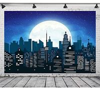 CORFOTO 9x6ft Fondo de Dibujos Animados de súper Ciudad para Suministros de Fiesta temática de Ciudad de superhéroe, Fondo de Ciudad Skyline, Cartel de cumpleaños para niños