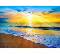 CORFOTO Fondo de Tela 2.5x1.8m Pintura Artística de Atardecer en la Playa con Océano, Luz Dorada del Sol, Gaviota Voladora y Cielo Colorido para Fotos Temáticas Náuticas y de Verano