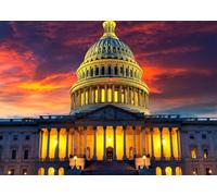 CORFOTO Fondo de Tela 2.7x1.8m Edificio del Capitolio de EE. UU. Atardecer con Cúpula Iluminada, Bandera Americana y Cielo Naranja Dramático para Fotografía Patriótica y Política