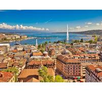 CORFOTO Fondo de Tela 5.2x3m Ginebra Ciudad Vista al Lago con Chorro de Agua, Techos Rojos y Ribera Azul Clara para Fotos de Temática de Viaje Suizo