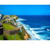 CORFOTO Tela 1,5x1m (5x3FT) Fondo Costa de San Juan Puerto Rico Fuerte El Morro Océano Azul Casas Coloridas para Viaje Fiesta Adultos