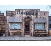 CORFOTO Tela 2.1x1.5m Tienda General Western Vintage Fondo Fachada de Madera Arrow & Bear Co con Banco Fondo Fotográfico para Fiesta Temática Lejano Oeste Accesorios de Foto