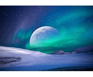 CORFOTO Tela 3.5x3m Fondo Aurora Ártica Paisaje Nevado Luna Gigante Auroras Boreales Escena Fondo Fotográfico para Fiesta Viaje Invierno Accesorios de Foto