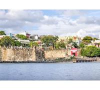 CORFOTO Tela 3x2.5m Fondo Skyline de Viejo San Juan Edificios Coloniales Caribeños Frente al Mar Fondo Fotográfico para Fiesta de Boda Viaje Festival Accesorios de Foto