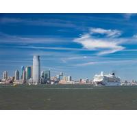 CORFOTO Tela 4,6x3m (15x10FT) Fondo Horizonte Urbano Frente al Mar Crucero Cielo Azul Puerto para Viaje Fiesta de Despedida Adultos