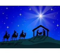 CORFOTO Tela 5.2x3m Belén con Tres Reyes Magos Fondo Cielo Estrellado Establo Sagrada Familia Tres Reyes en Camellos Fondo Fotográfico para Navidad Religiosa Fiesta Accesorios de Foto