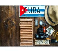 CORFOTO Tela 5.2x3m Cigarro Cubano Flat Lay Fondo Caja de Cigarros Vintage con Matrícula Cuba Cámara Ron Fondo Fotográfico para Fiesta Temática Viaje Accesorios de Foto