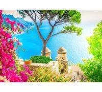 CORFOTO Tela 5.2x3m Fondo Costa Amalfitana Buganvilla Vista Costera Italiana Fondo Fotográfico para Decoraciones de Fiesta de Tema Viaje Utilería de Sesiones de Foto Mediterráneas