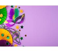 CORFOTO Tela 6x3m Fondo Máscara de Mardi Gras Morado Verde Oro Cuentas Abanicos Fondo Fotográfico para Decoraciones de Fiesta de Tema Carnaval Utilería de Sesiones de Foto Festivas