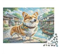 Corgi 1000 Piezas para Adultos y Niños: Corgi en Pueblo Junto al Río Puzzle Educativo Decoración Hogar para Familia 70x50cm/1000 Piezas