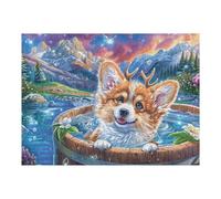 Corgi Cubo Agua Campo de Flores Mascota tierna Vida Silvestre Puzzle 500 Piezas para Adultos Agradable Divertido Y Creativo Ocio Y Momentos Libres 500 PCS（52×38cm）