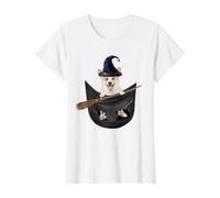 Corgi Dog In The Pocket Witch Hat Halloween Camiseta gráfica económica, Mujer, Blanco, L