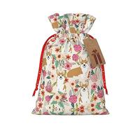 Corgi Floral Flowers Spring Garden - Bolsa resistente con cordón, perfecta para regalos, viajes y uso diario con etiquetas de regalo de papel kraft