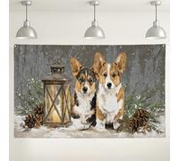 Corgi - Fondo de farol de invierno con diseño de perros, acogedor fondo rústico para fotografía de animales, bonitas decoraciones para interiores y exteriores para fiestas de vacaciones, 71 x 43