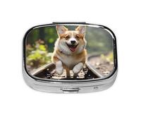 Corgi - Pastillero de metal con diseño de perro corriendo en el ferrocarril, organizador de pastillas de viaje portátil para bolsillo o bolso, caja de medicina decorativa, contenedor de vitaminas